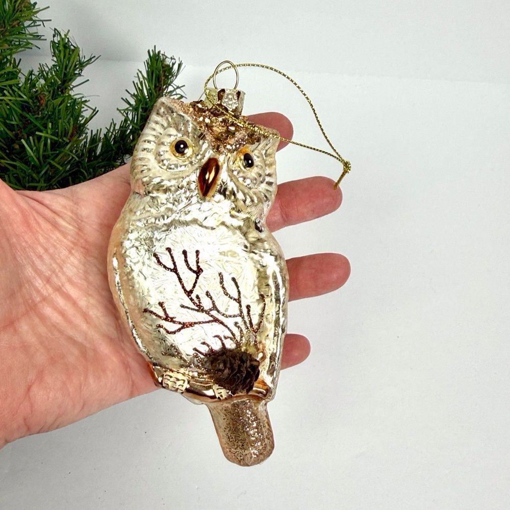 Christmas Blown Glass Ornament Owl Bird 5,5" Silver Tone